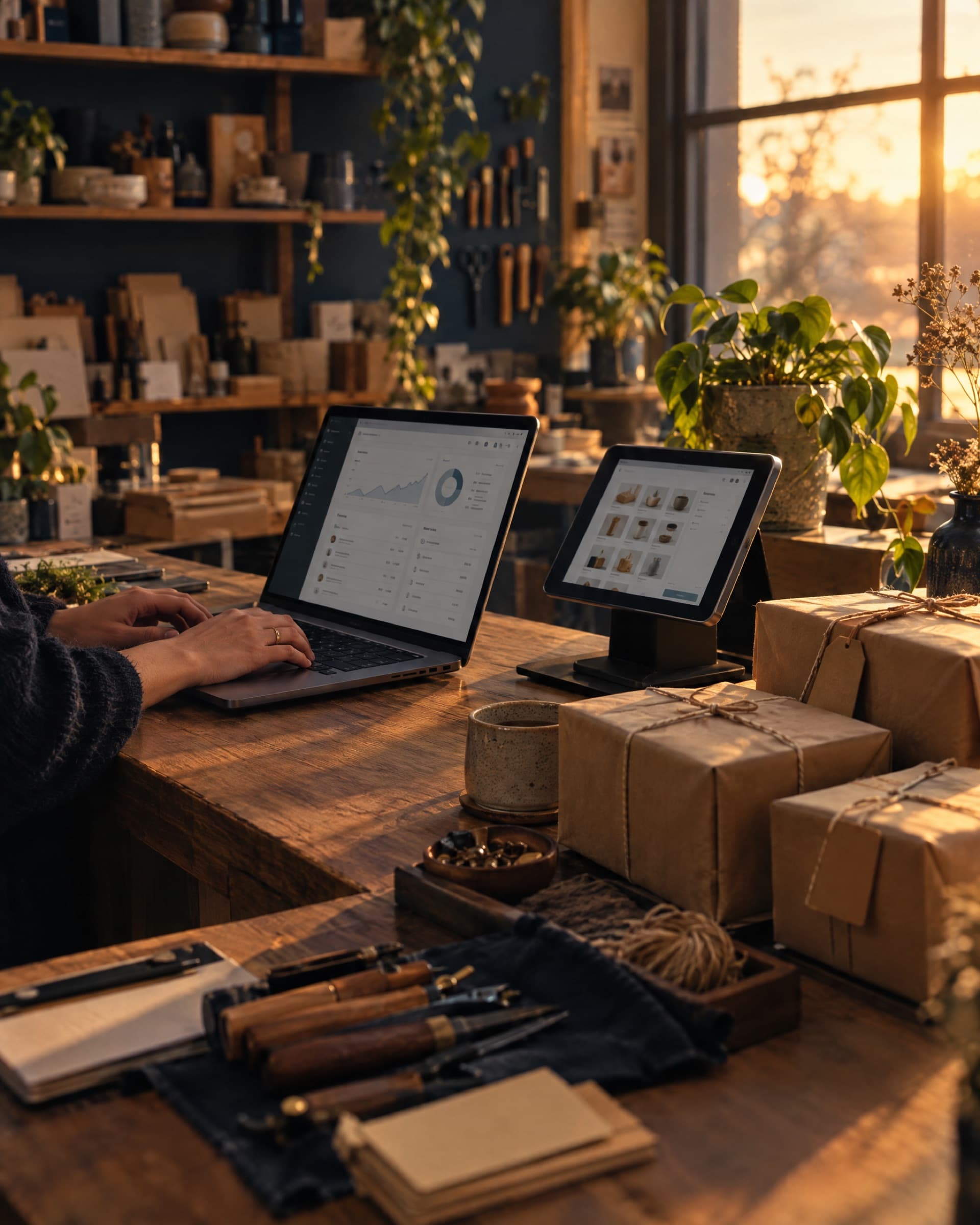 A small business owner working at a laptop on a workshop counter, with a tablet point-of-sale and parcels ready to ship.