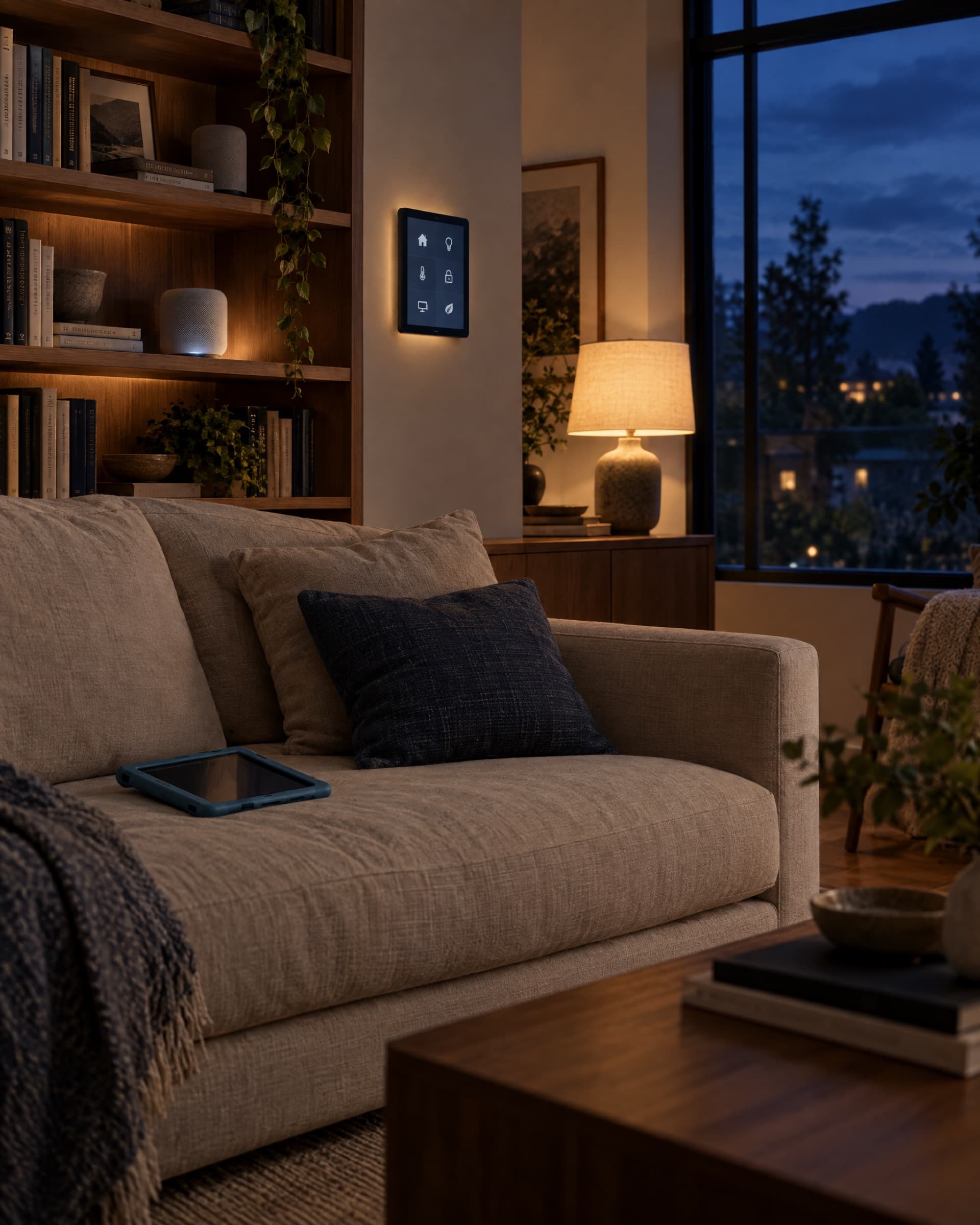 A calm family living room at dusk with a smart-home control panel on the wall and a tablet resting on the sofa.